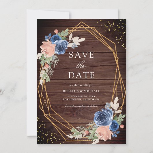 Navy Blue Blush Rozen Schuur Hout Huwelijk Save The Date (Voorkant)