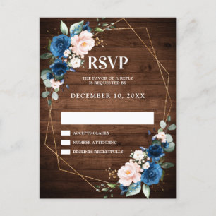Navy Blue Blush Rustic Wood Gold Geometric RSVP Briefkaart