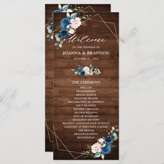 Navy Blue Blush Rustic Wood Gold Geometric Weddens Programma (Voorkant / Achterkant)