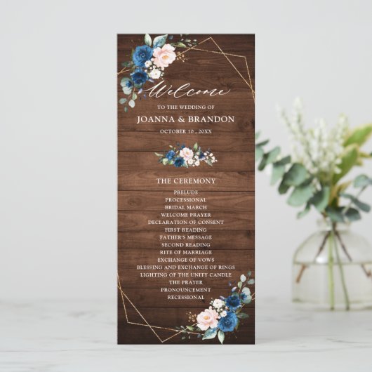 Navy Blue Blush Rustic Wood Gold Geometric Weddens Programma (Staand voorkant)