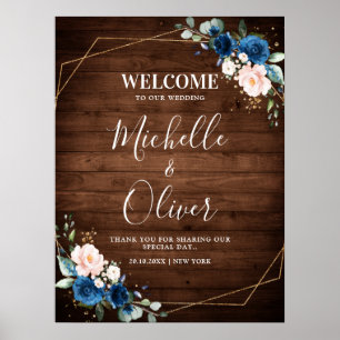 Navy Blue Blush Rustic Wood Gold Geometric Welkom Poster