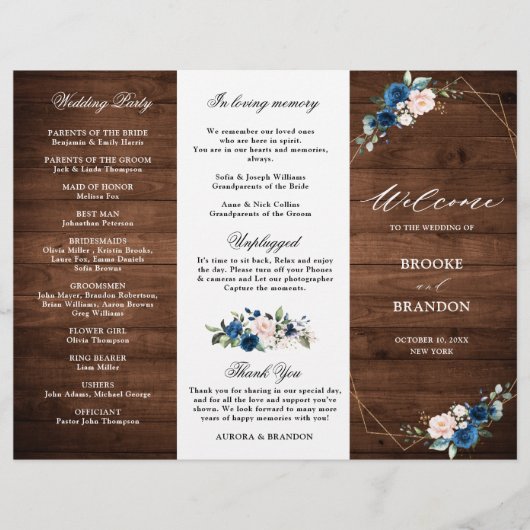 Navy Blue Blush Rustic Wood Gold Wedding Programme (Voorkant)