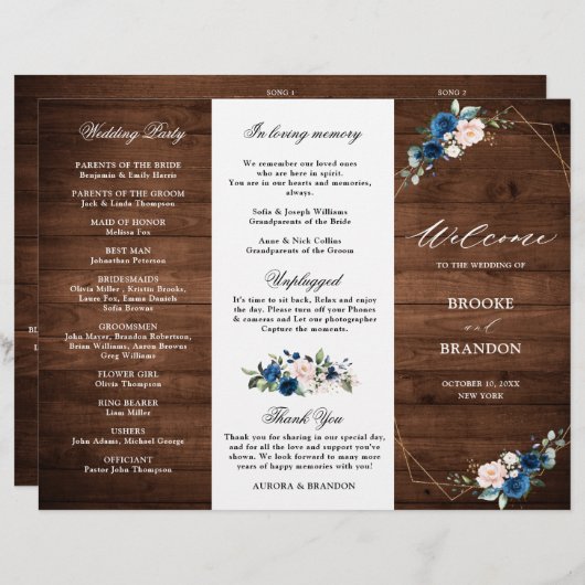 Navy Blue Blush Rustic Wood Gold Wedding Programme (Voorkant / Achterkant)