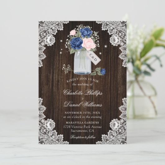 Navy Blue Blush Rustiek Country Wood Bloemen Huwel Kaart (Staand voorkant)
