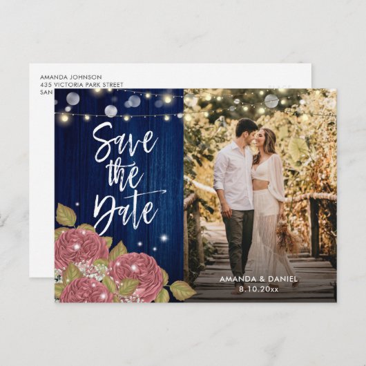 Navy Blue Blush Save the Date Photo Briefkaarten (Voorkant / Achterkant)