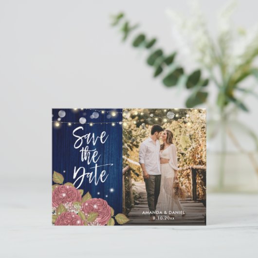 Navy Blue Blush Save the Date Photo Briefkaarten (Staand voorkant)