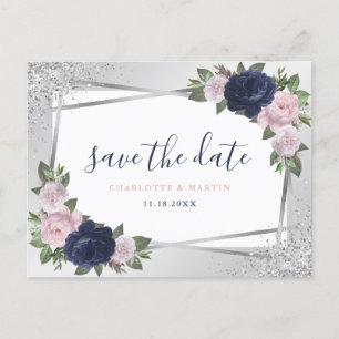 Navy Blue Blush Silver Floral Geometric Wedding Aankondigingskaart