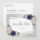 Navy Blue Blush Silver Floral Geometric Wedding Aankondigingskaart (Voorkant / Achterkant)
