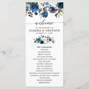 Navy Blue Blush Waterverf Bloemen Trouwprogramma Programma