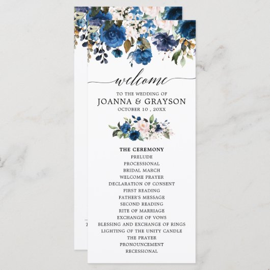Navy Blue Blush Waterverf Bloemen Trouwprogramma Programma (Voorkant / Achterkant)