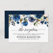 Navy Blue Blush Waterverf Floral Reception Detail Kaart (Voorkant / Achterkant)