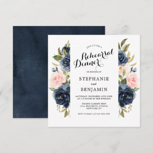 Navy Blue Blush Waterverf Floral Rehearsal Dinner Kaart
