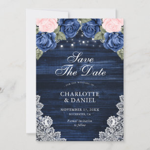 Navy Blue Blush Wood Lace Floral Wedal Foto Save The Date