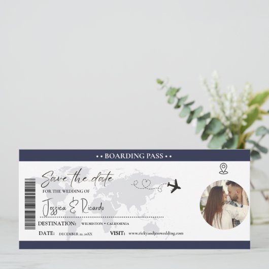 Navy Blue Boarding Pass Ticket Bruiloft Save The Date (Staand voorkant)