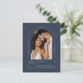 Navy Blue Boho Arch Photo QR Code Save Our Date Briefkaart (Staand voorkant)