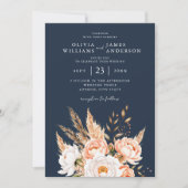 Navy Blue Boho Chic Bloemen Huwelijk Kaart (Voorkant)