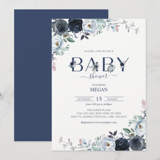 Navy Blue Boho Floral Baby shower Kaart (Voorkant / Achterkant)