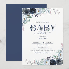 Navy Blue Boho Floral Baby shower Kaart