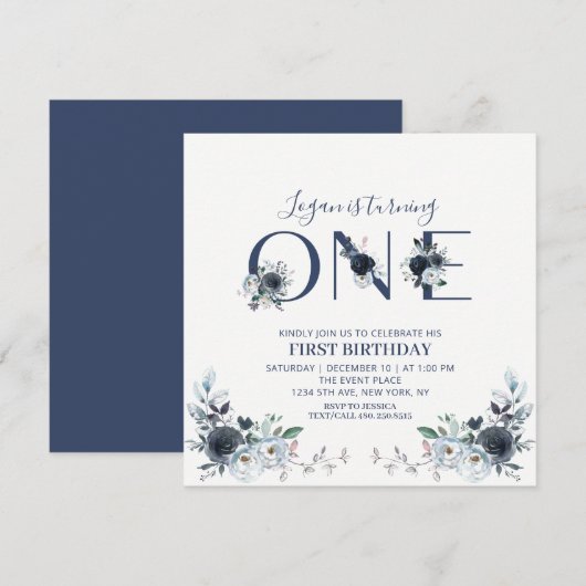 Navy Blue Boho Floral Boy 1st Birthday Square Kaart (Voorkant / Achterkant)
