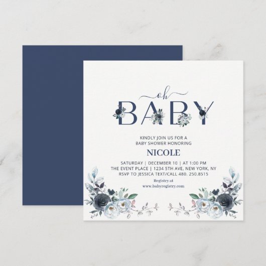 Navy Blue Boho Floral Boy Baby shower Square Kaart (Voorkant / Achterkant)