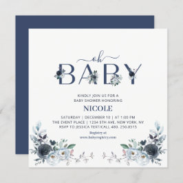 Navy Blue Boho Floral Boy Baby shower Square Kaart