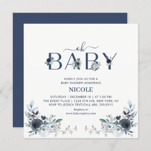 Navy Blue Boho Floral Boy Baby shower Square Kaart