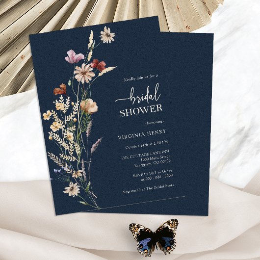 Navy Blue Boho Floral Bridal Shower Kaart