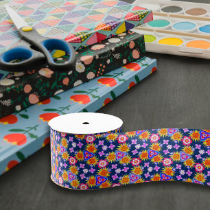 Navy Blue Boho Floral Print Pattern Craft Grosgrain Lint