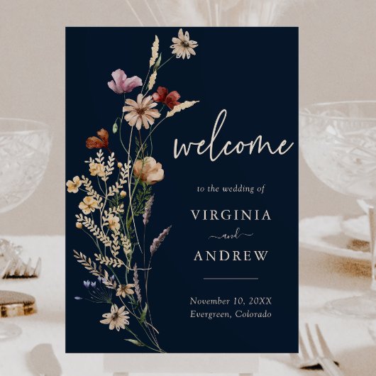 Navy Blue Boho Floral Welcome Wedding Poster