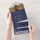 Navy blue boho foto-chic calligraphy bruiloft all in one uitnodiging (Afscheurbaar)
