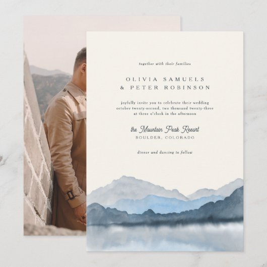 Navy Blue Boho Waterverf Berg Foto Bruiloft Kaart (Voorkant / Achterkant)