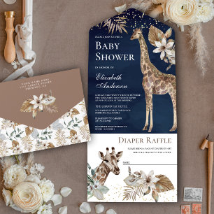 Navy Blue Boho Wilde Safari Giraffe Baby Shower All In One Uitnodiging