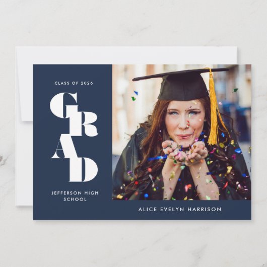 Navy Blue Bold Serif Single Photo Afstuderen Aankondiging (Voorkant)