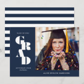 Navy Blue Bold Serif Single Photo Afstuderen Aankondiging (Voorkant / Achterkant)