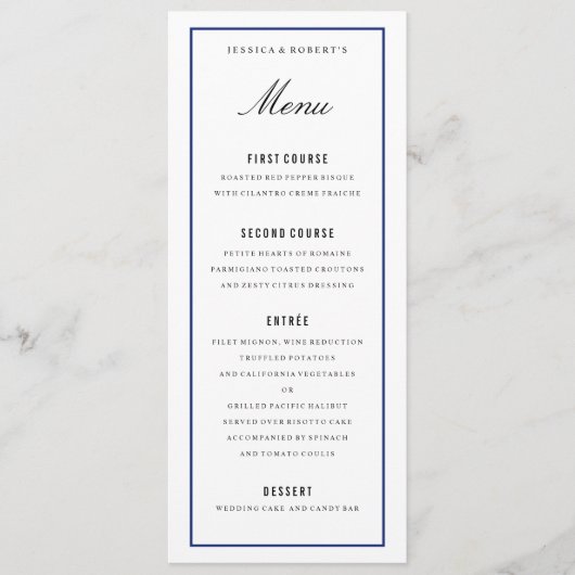 Navy Blue Border Elegante Wedding Menu Kaart (Voorkant)
