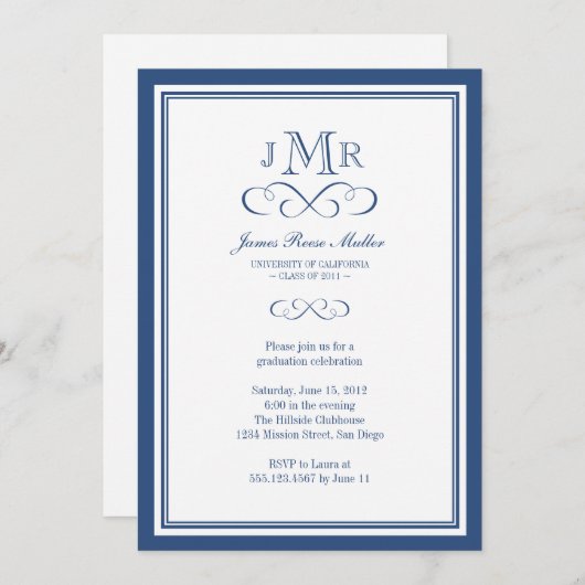 Navy blue border lijst classy monogram afstuderen kaart (Voorkant / Achterkant)