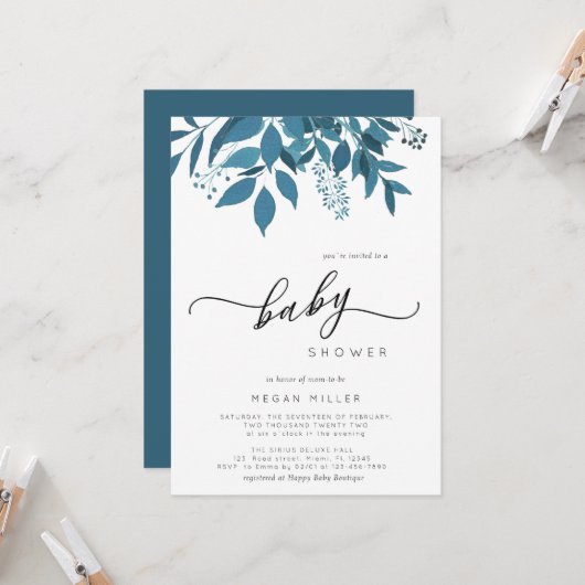 Navy Blue Botanical | Het Baby shower van de winte Kaart (Voorkant / Achterkant in situ)