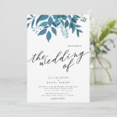 Navy Blue Botanical | Script Winter bruiloft Kaart (Staand voorkant)
