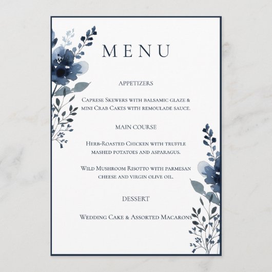 Navy Blue Botanical Wedding Menu (Devant)