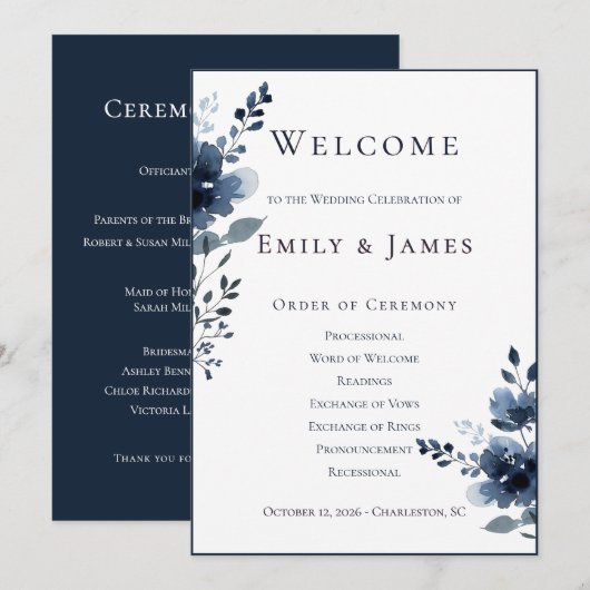 Navy Blue Botanical Wedding Programma (Voorkant / Achterkant)