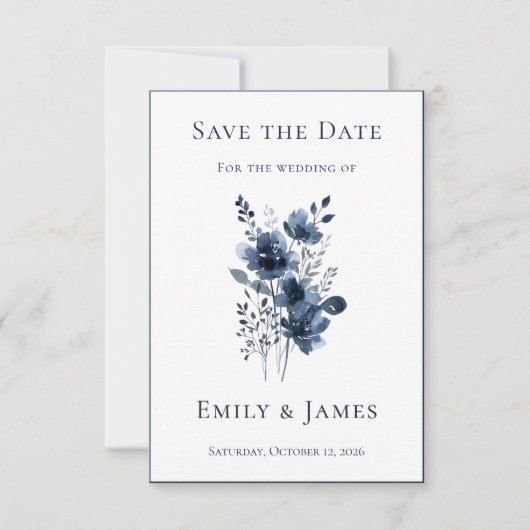 Navy Blue Botanical Wedding Save The Date (Voorkant)