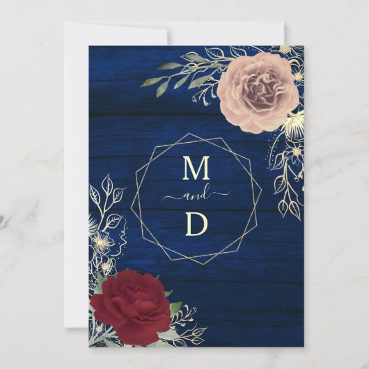 Navy Blue Bourgogne Blush Roze en Gouden Huwelijk Kaart (Achterkant)