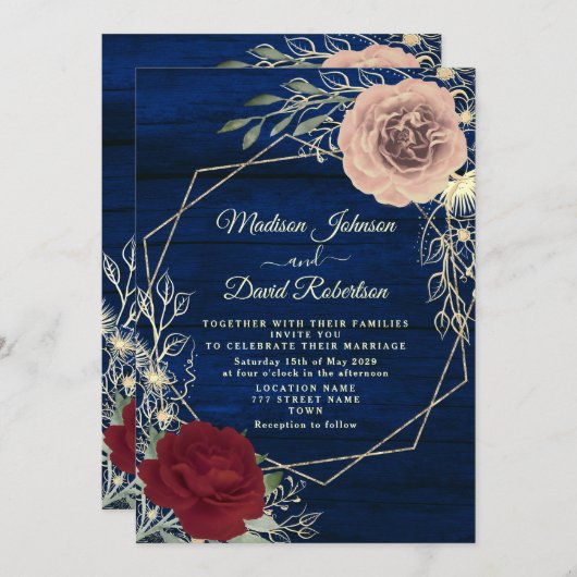 Navy Blue Bourgogne Blush Roze en Gouden Huwelijk Kaart (Voorkant / Achterkant)