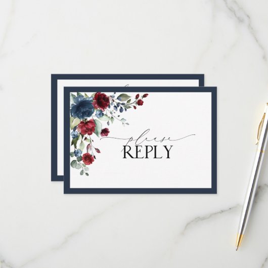 Navy Blue Bourgogne Floral Aquarelle Script RSVP (Devant/Arrière en situation)
