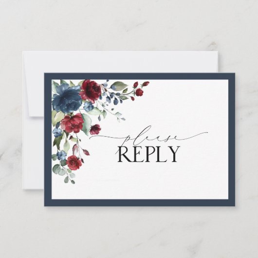 Navy Blue Bourgogne Floral Aquarelle Script RSVP (Devant)