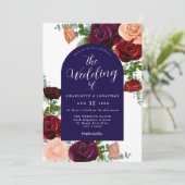 Navy Blue Bourgogne Rustic Floral Fall Wedding Kaart (Staand voorkant)