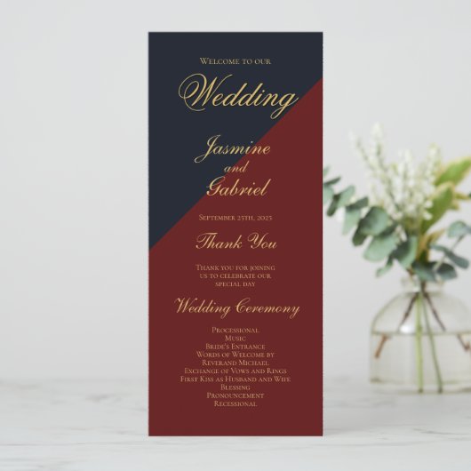 Navy Blue Bourgogne Wedding Programma (Staand voorkant)