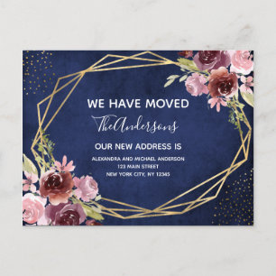 Navy Blue Bourgondië Bloemen Bewegende Aankondigin Aankondigingskaart