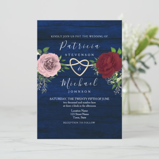 Navy Blue Bourgondië en Roze Bloemen Rustiek Huwel Kaart (Staand voorkant)