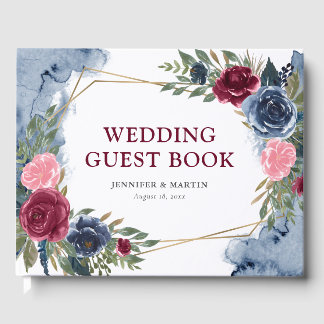 Navy Blue Bourgondië Goud Geometrisch Bloemen Brui Gastenboek